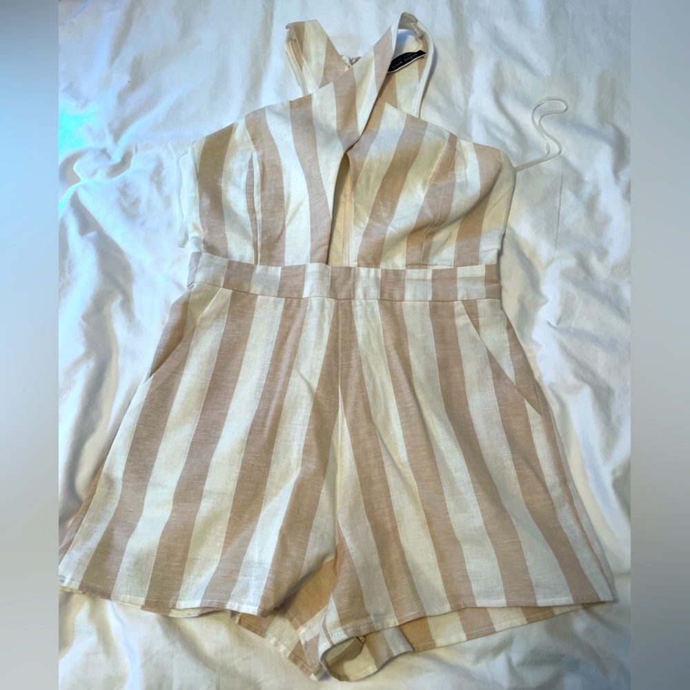 Blue Blush Cross Cross Striped Linen Romper xs